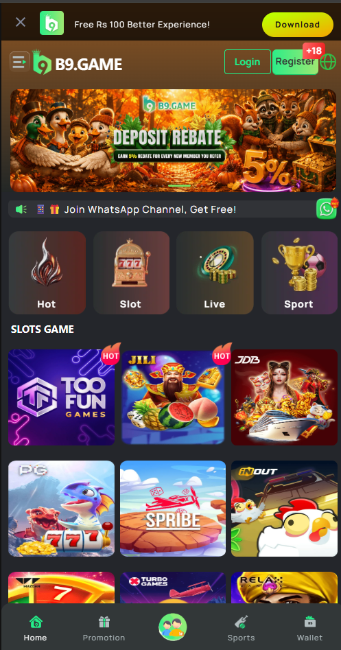 b9 game app interface preview — b9 apk home screen with slot games