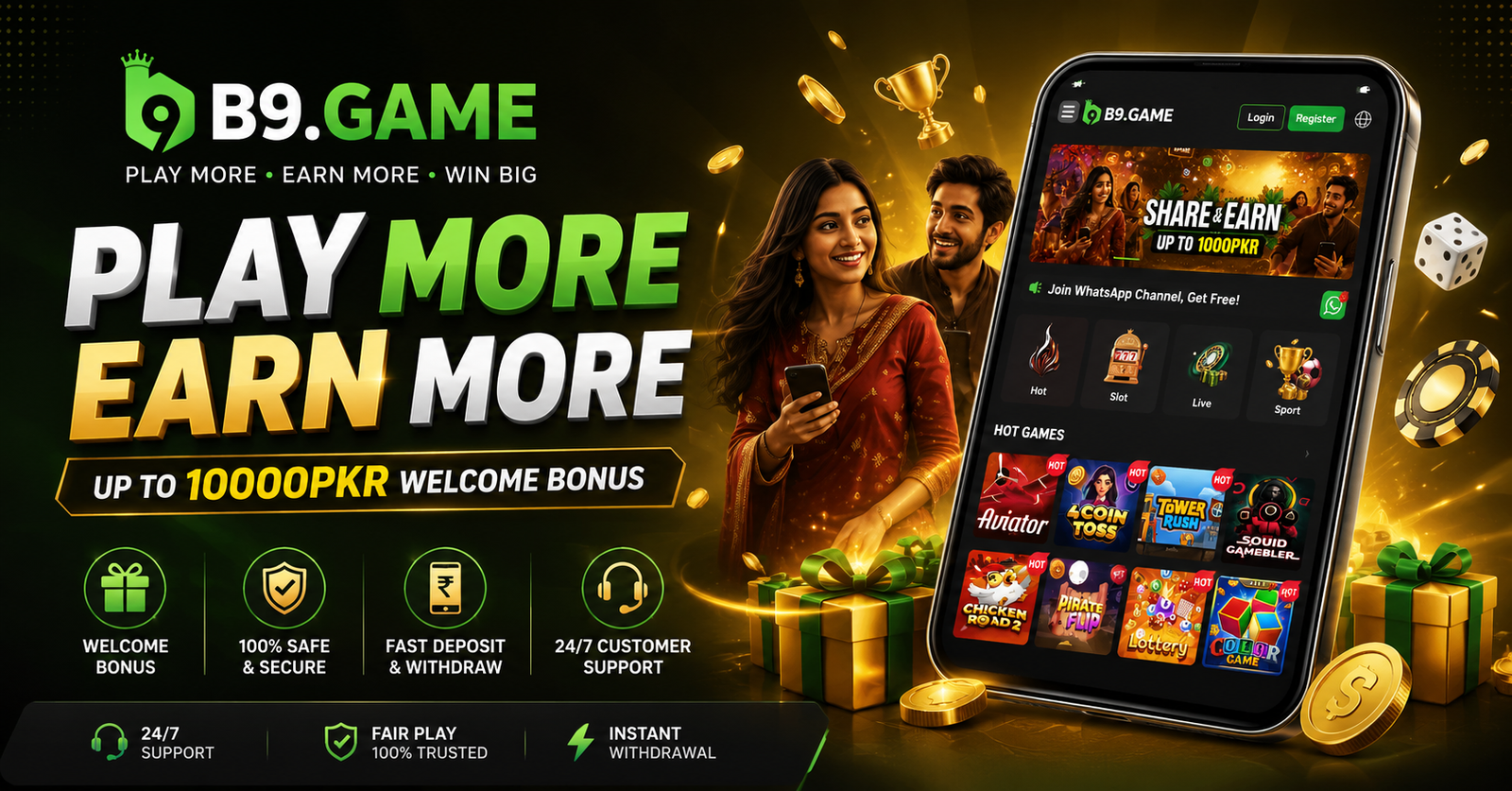 b9 game promotional banner — play more, earn more with the b9 app