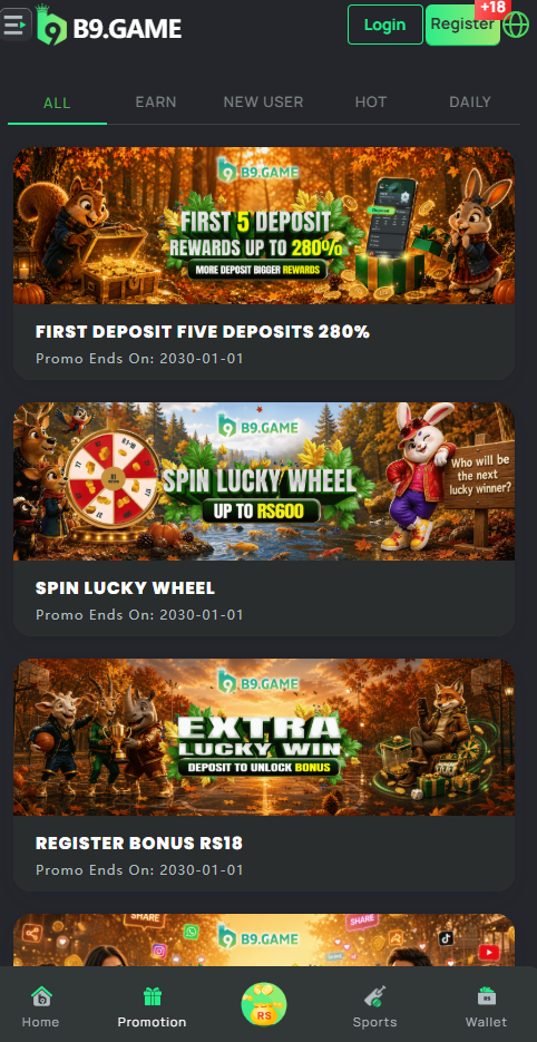 b9 app screenshot — promotions and deposit rewards